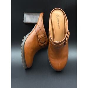 NEW Johnston & Murphy Vivica Leather Buckle Clogs Mules 9 Cognac Brown 70s Boho